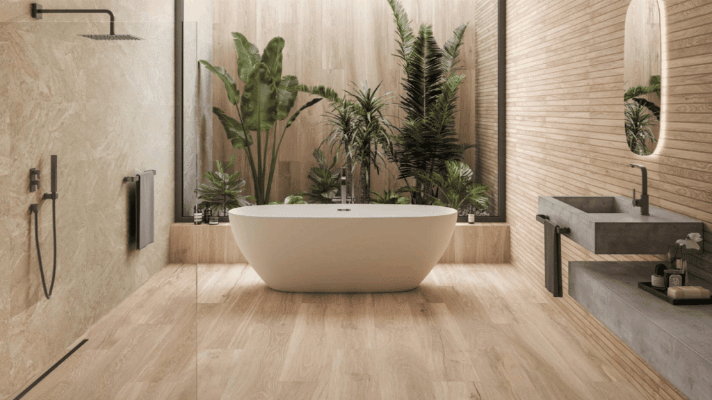 japanese bathroom design with freestanding soaking tub indoor garden large window natural wood walls and modern spa style interior