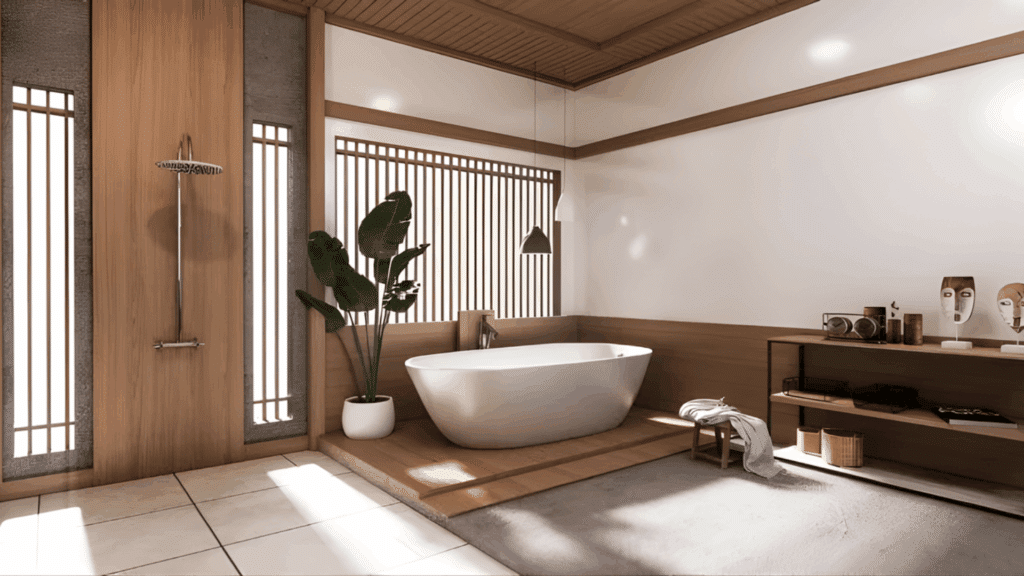 japanese bathroom design with freestanding soaking tub wooden walls shoji style window and warm minimal spa style interior