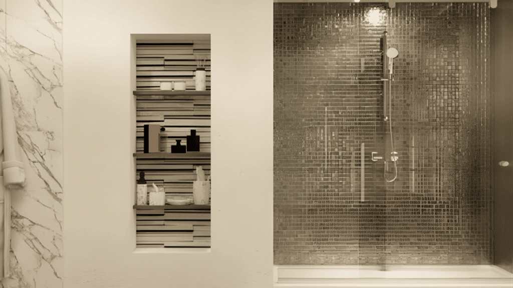 japanese bathroom design with glass walk in shower mosaic tile wall built in shelf and calm minimal spa style interior