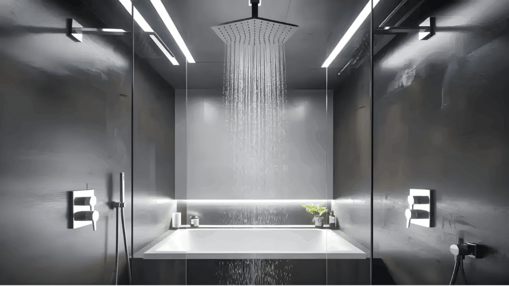 japanese bathroom design with glass walk in shower rainfall shower head dark stone walls and modern spa style interior