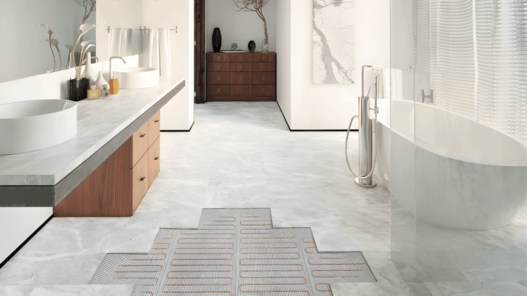 japanese bathroom design with marble floor freestanding soaking tub double vanity and bright minimal spa style interior