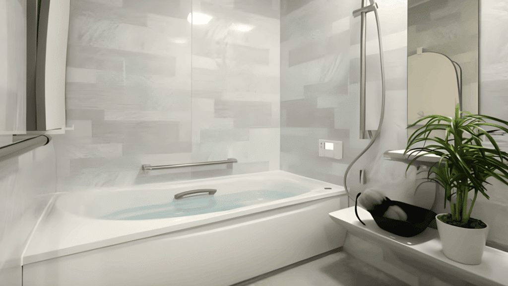 japanese bathroom design with soaking bathtub glass shower gray tile walls indoor plant and clean minimal interior style