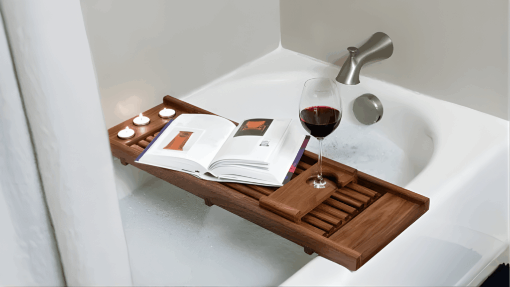 japanese bathroom design with soaking bathtub wooden bath tray open book wine glass and relaxing spa style interior