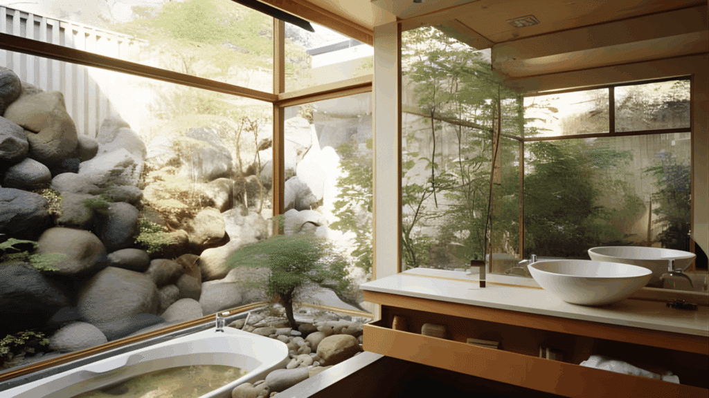 japanese bathroom design with soaking tub beside indoor rock garden large windows and natural wood spa style interior