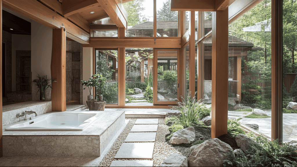 japanese bathroom design with soaking tub indoor garden stone path large windows and natural wood spa style interior