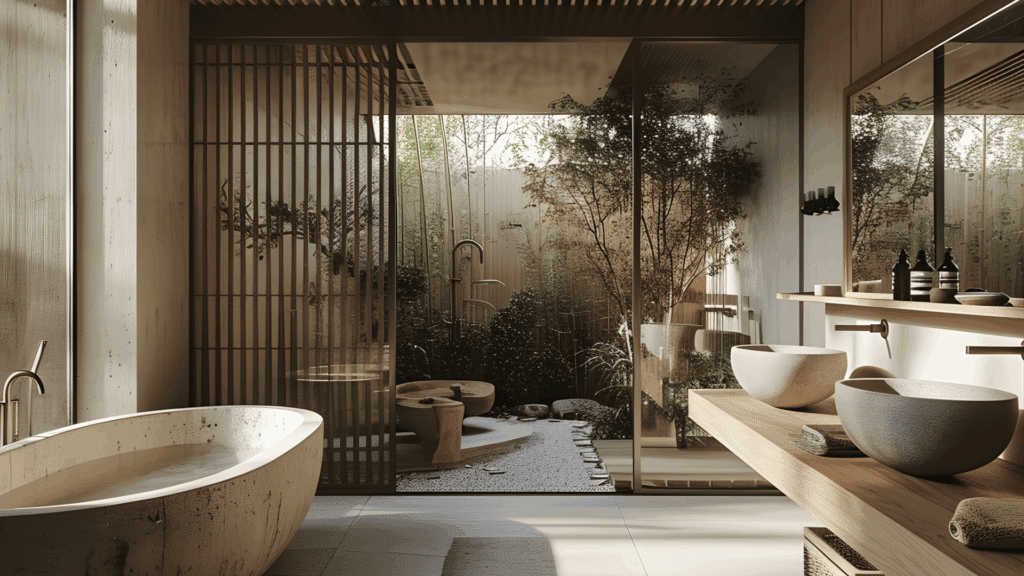 japanese bathroom design with stone soaking tub wooden slat ceiling indoor garden view and warm natural spa style interior
