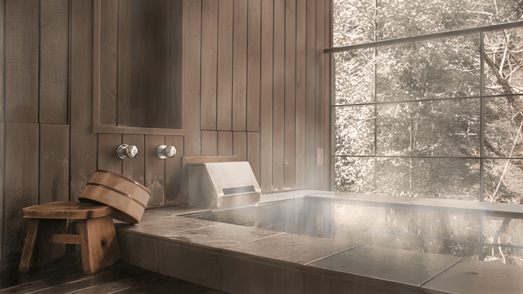 japanese bathroom design with wooden hot spring soaking bath large window forest view and warm natural spa atmosphere