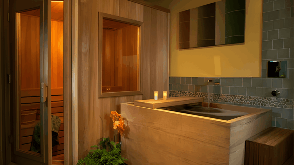 japanese bathroom design with wooden soaking tub indoor sauna warm lighting tiled walls and natural spa style interior