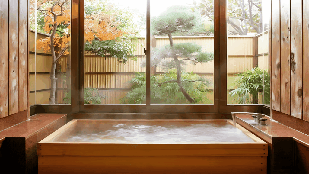 japanese bathroom design with wooden soaking tub large window garden view and calm natural spa style interior