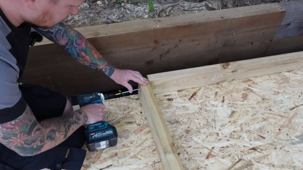 joining and securing frame corners tightly using screws for a stable shed wall structure
