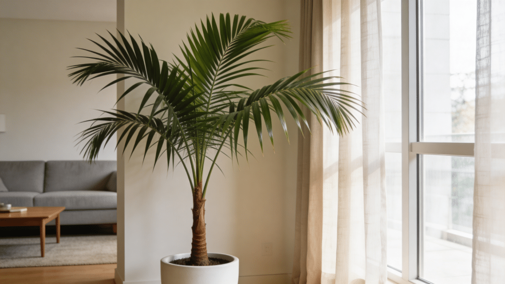kentia palm plant in pot near bright window