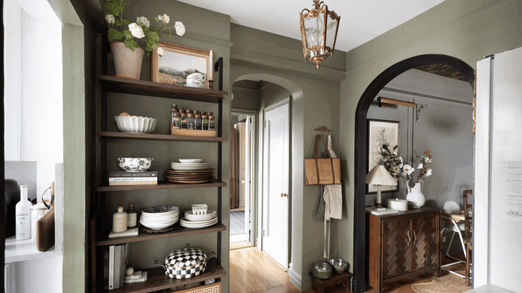 kitchen interior with shelves dishes and decor with walls painted in sherwin williams pewter green and wood floor and arch doorway