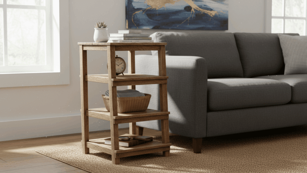 ladder style end table with shelves beside sofa holding books basket and decor for diy home idea