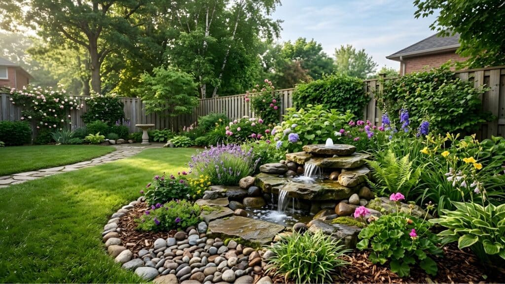 landscaped yard with water feature and flowers displaying elegant backyard oasis ideas for serene outdoor escape