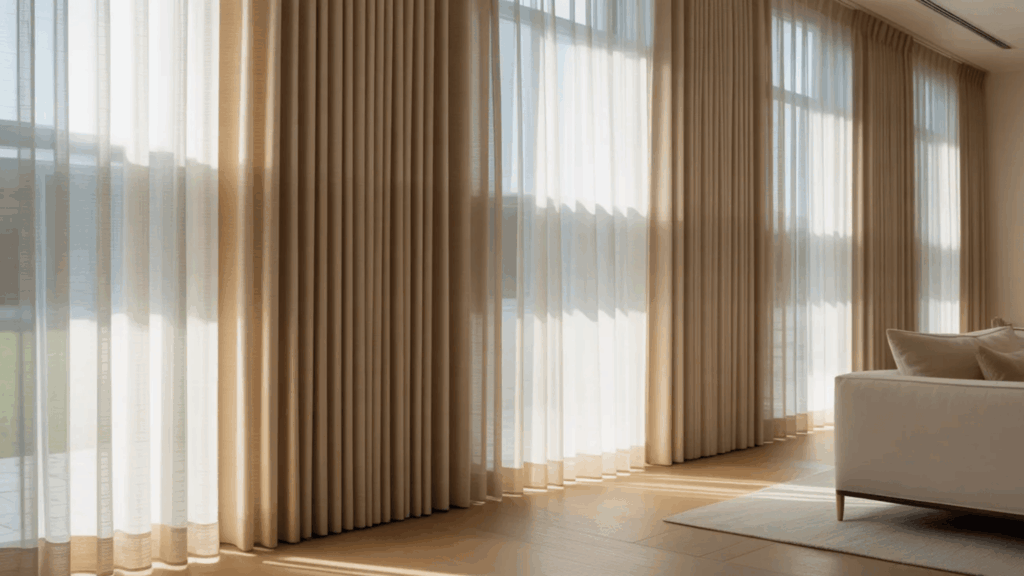 layered sheer and beige drapery covering tall windows allowing filtered daylight in minimalist room curtain styles