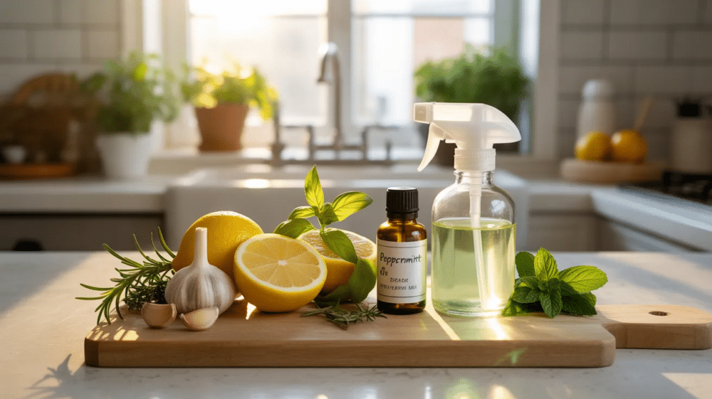 lemon garlic rosemary mint and basil with small bottle of peppermint oil and spray cleaner on wooden board in sunlit kitchen natural pest repellent