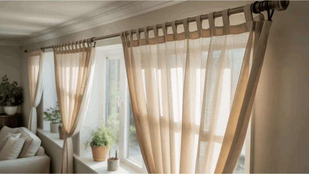 light beige tab top curtains hanging beside bright window with indoor plants and sofa in airy room curtain styles