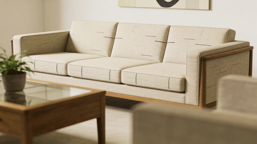 light fabric standard sofa three seater with wooden frame and cushions placed in a modern living room (1)