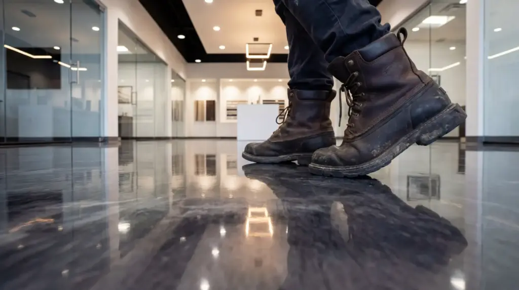 Brown leather work boots on polished office floor with glass walls in background