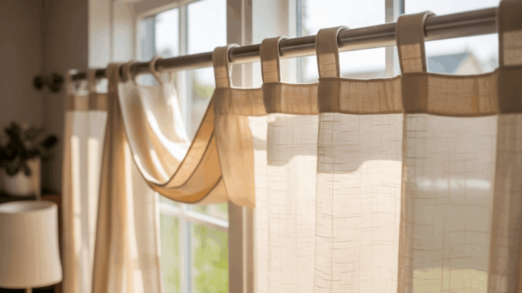 linen rod pocket curtains hanging neatly on metal rod with soft daylight passing through fabric curtain styles