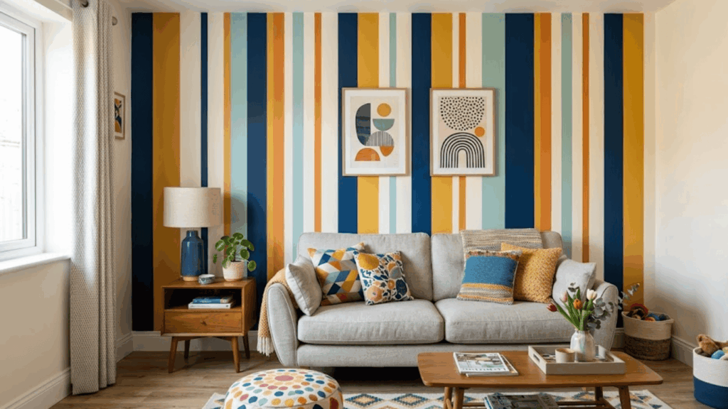 living room with colorful striped wall behind sofa wooden furniture and decorative cushions