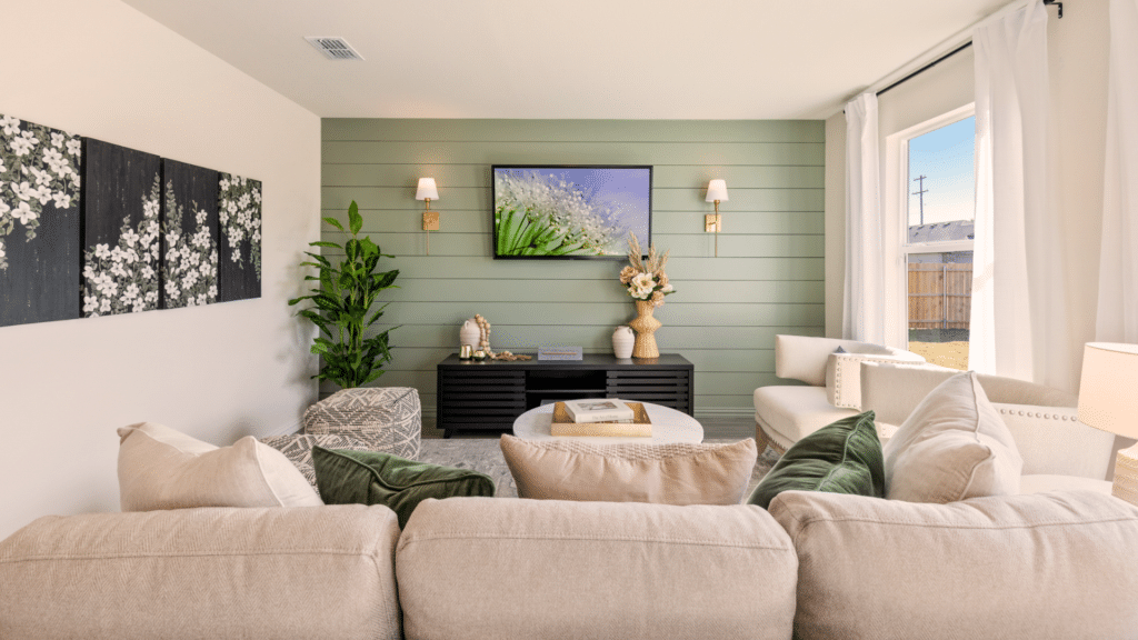 What is Shiplap: Benefits and it’s Uses living room with green shiplap accent wall behind tv showing a clear example of what is shiplap in modern home interior design