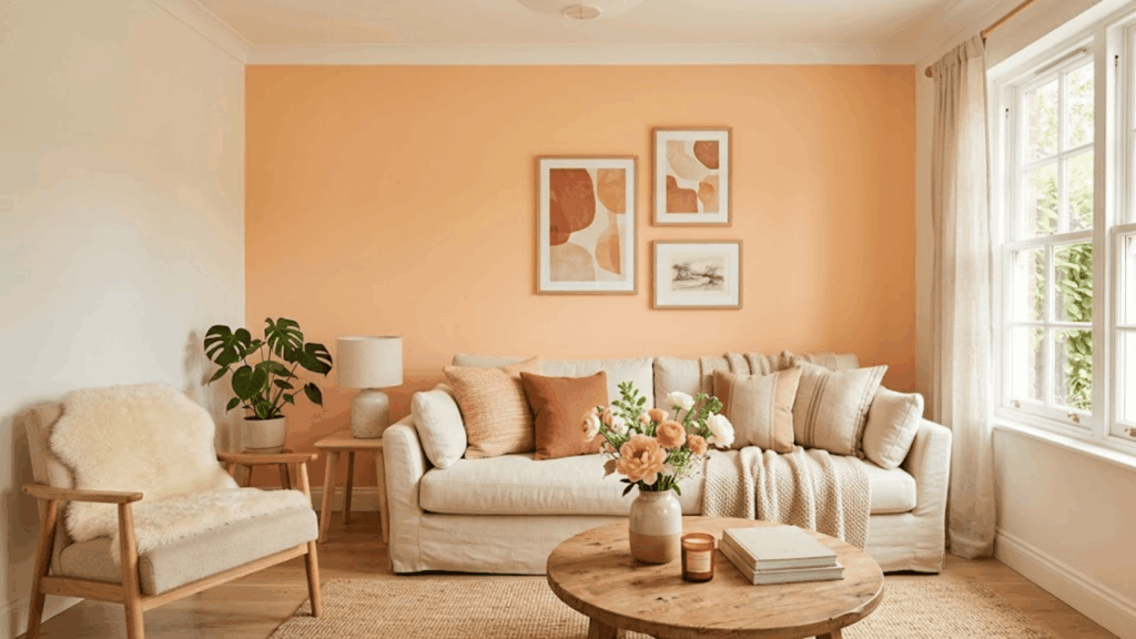 living room with peach wall beige sofa wooden table plants and soft natural light near window
