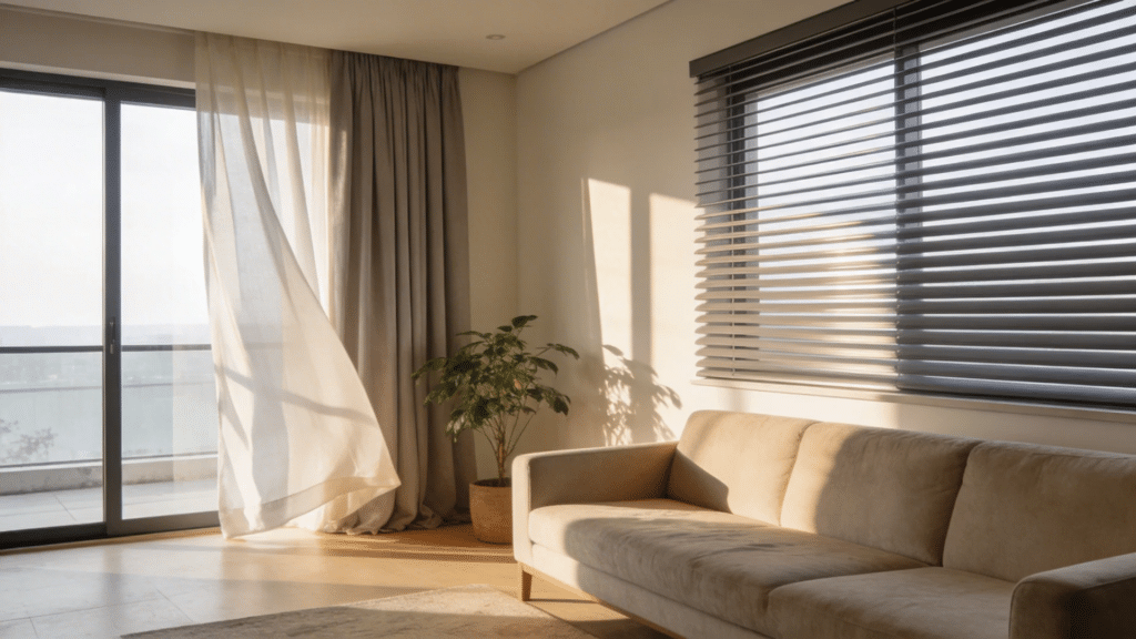 living room with sofa sheer curtains on left and dark blinds on right window showing contrast in light control