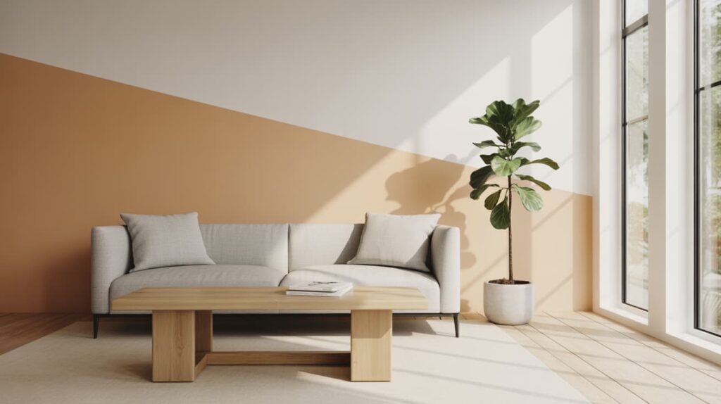 35 Two Tone Wall Colors Examples for Stylish Homes living room with sofa wooden coffee table and plant beside window showing two tone wall colors examples with warm beige and white
