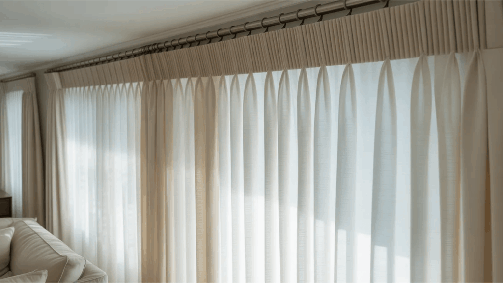 long pleated sheer curtains mounted on ceiling track stretching across wide window for modern curtain styles
