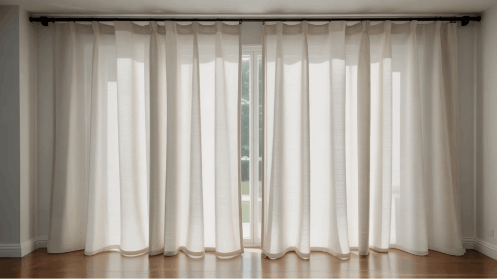 long white sheer curtains covering wide glass doors and wooden floor with soft daylight glowing through curtain styles
