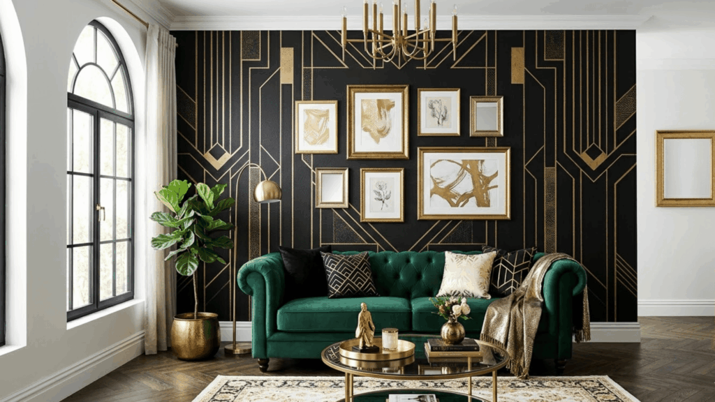 luxury living room with green velvet sofa black and gold wall design and elegant decor accents