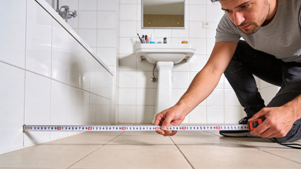 man measuring bathroom space with tape for bathtub installation