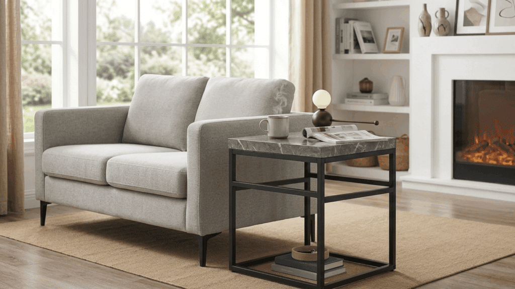 metal frame end table with wooden top and shelf beside chair for diy modern furniture idea