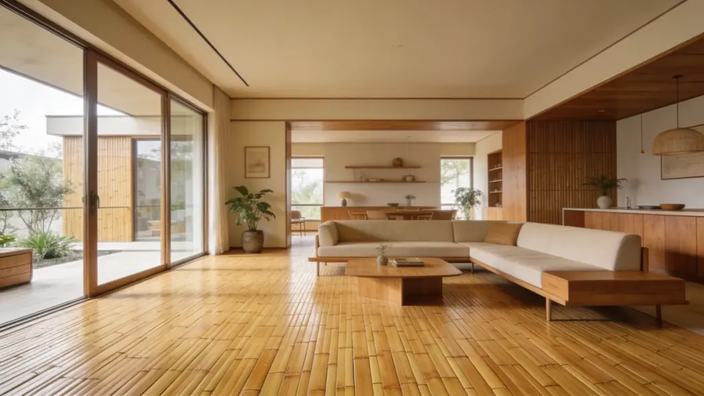mid century modern living room with bamboo flooring in warm honey tones minimalist furniture and large windows with natural light