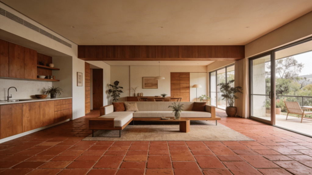 mid century modern living room with brick flooring in warm terracotta tones minimalist furniture and large windows with natural light