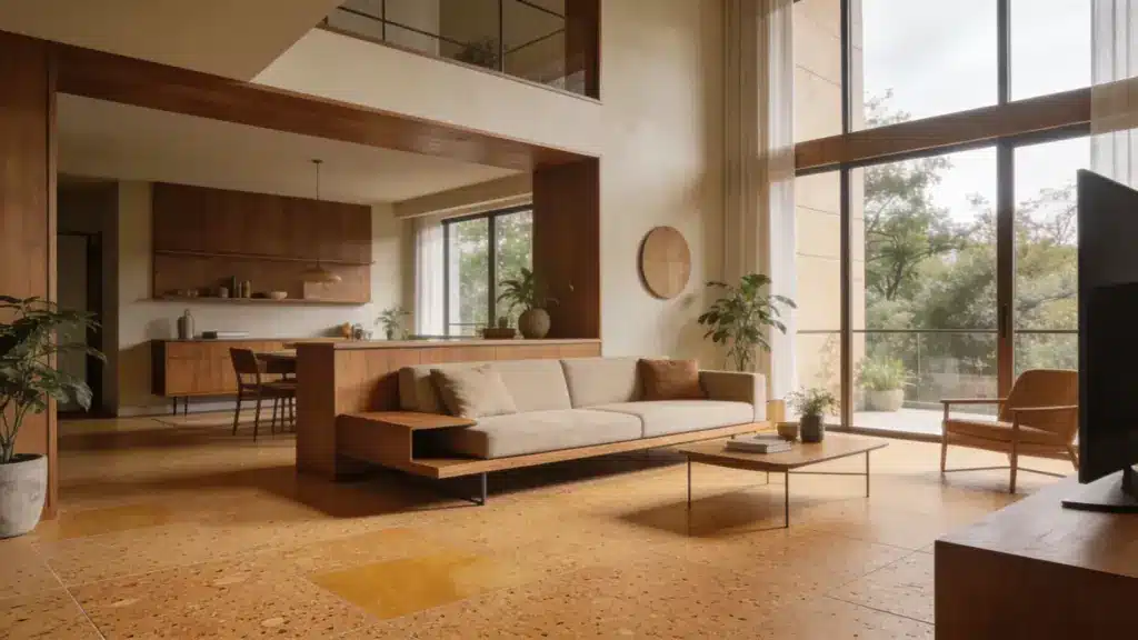 mid century modern living room with cork flooring in warm tan tones natural texture minimalist furniture and large windows