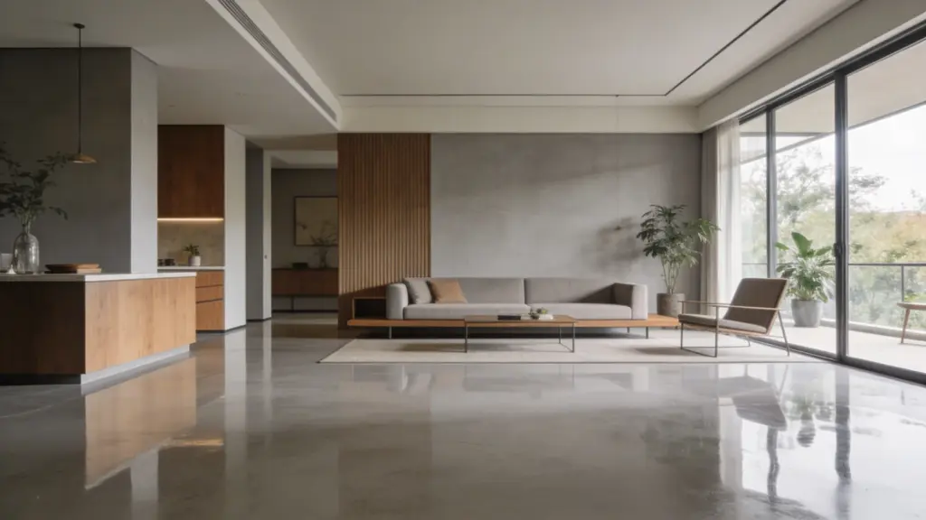 mid century modern living room with glossy epoxy flooring reflective surface neutral tones minimalist furniture and large windows