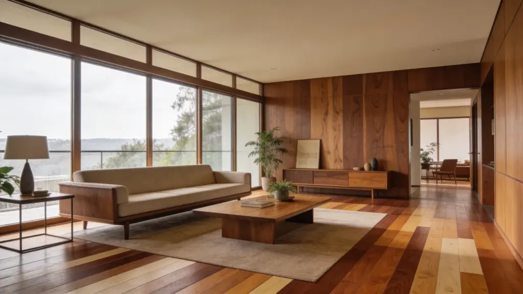 mid century modern living room with hardwood flooring in warm walnut oak and teak tones minimalist furniture and large windows