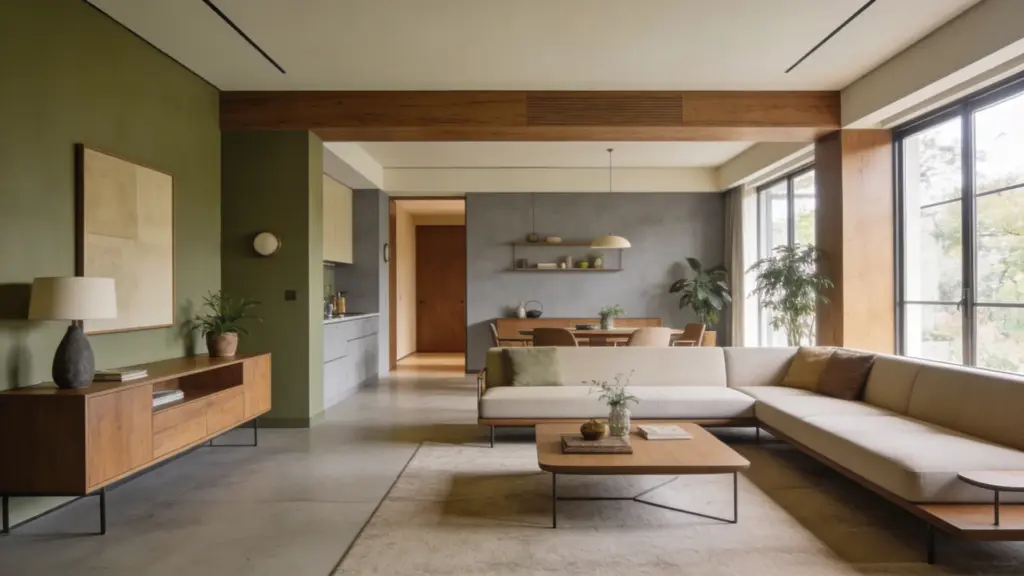 mid century modern living room with linoleum flooring in muted olive and gray tones minimalist furniture and large windows