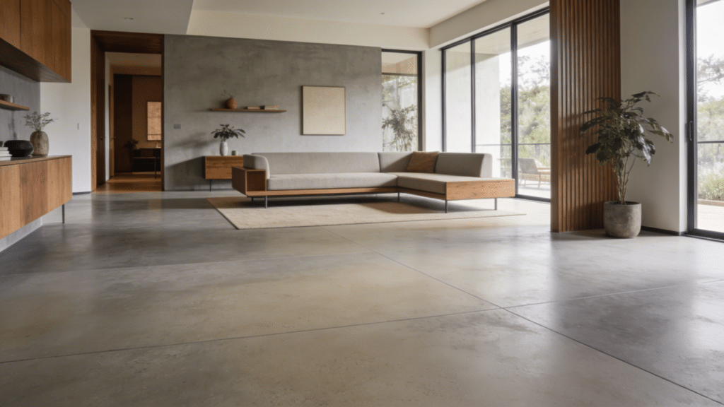 mid century modern living room with microcement flooring in soft gray tones seamless finish minimalist furniture and natural light