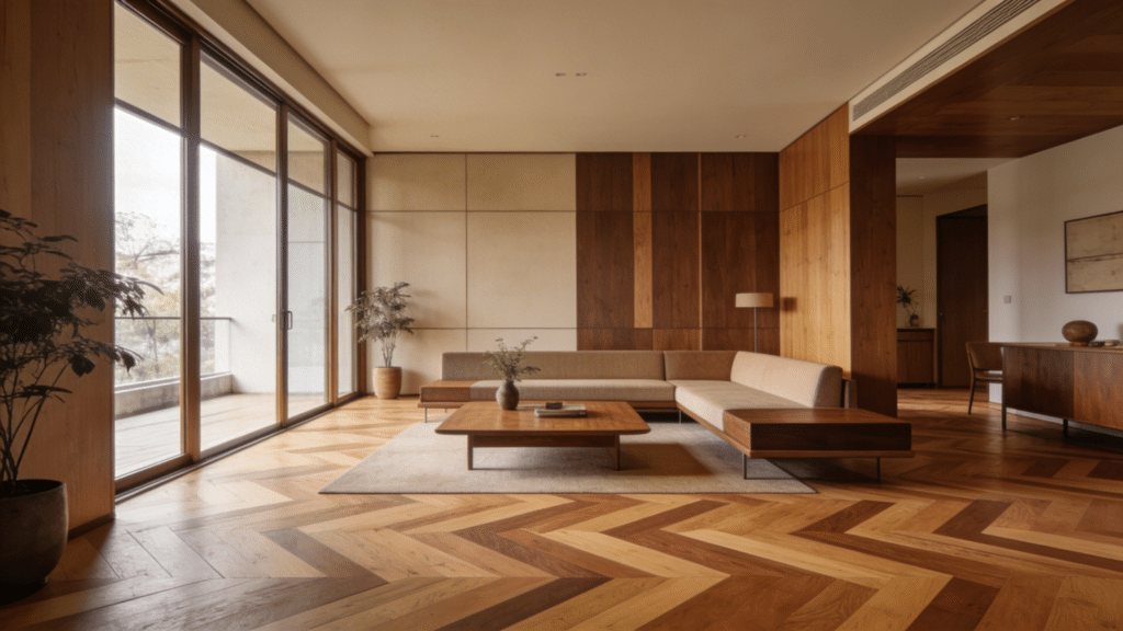 mid century modern living room with parquet flooring in warm wood tones herringbone pattern minimalist furniture and large windows