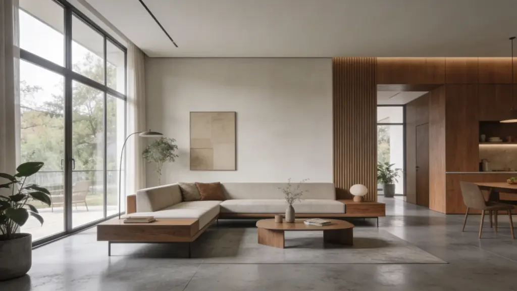 mid century modern living room with polished concrete flooring in soft gray tones minimalist furniture and large windows with natural light -1