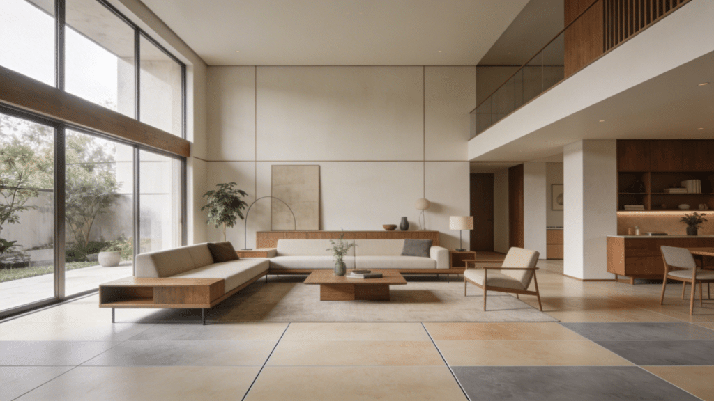 mid century modern living room with porcelain tile flooring in beige and gray tones minimalist furniture and large windows