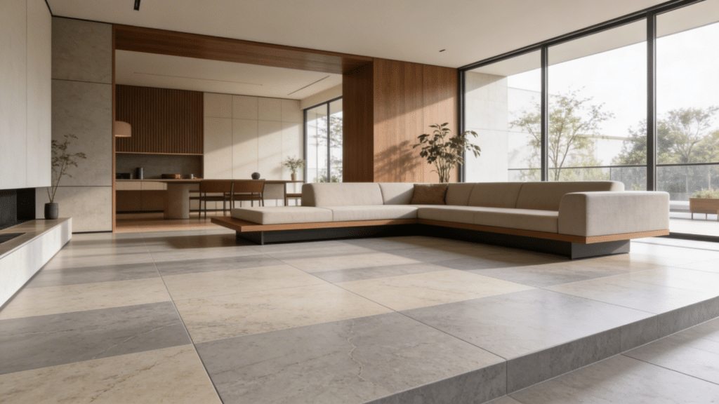 mid century modern living room with quartz composite flooring in gray and beige tones minimalist furniture and large windows