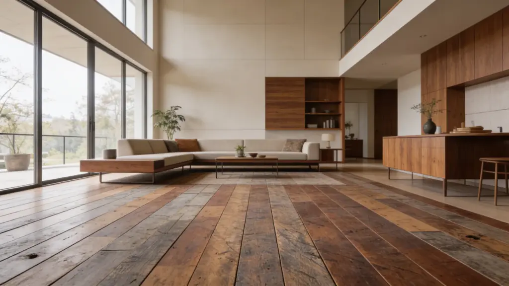 mid century modern living room with reclaimed wood flooring in rustic tones natural texture and large windows