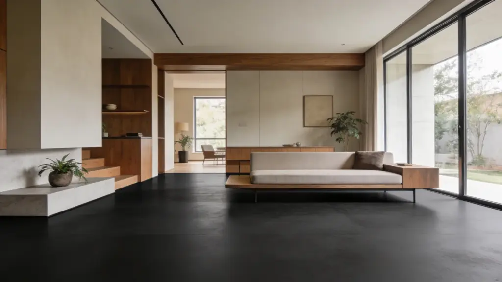 mid century modern living room with rubber flooring in matte black tone minimalist furniture and large windows with natural light