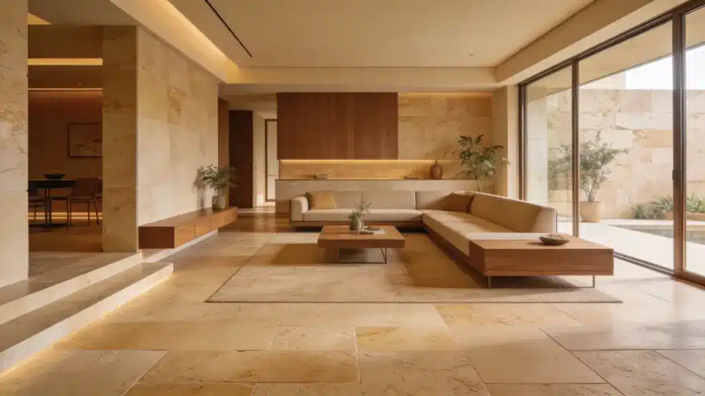 mid century modern living room with sandstone flooring in warm beige tones minimalist furniture and natural light