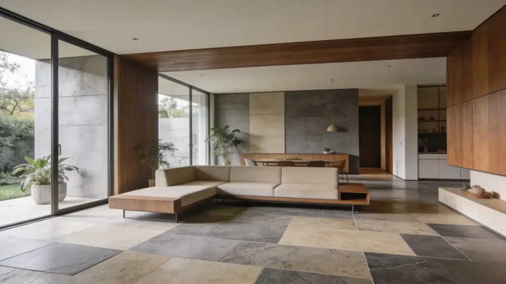 mid century modern living room with slate and limestone stone flooring in earthy tones minimalist furniture and large windows