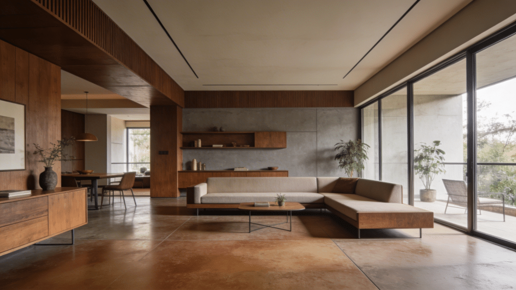 mid century modern living room with stained concrete flooring in warm brown tones minimalist furniture and large windows with natural light